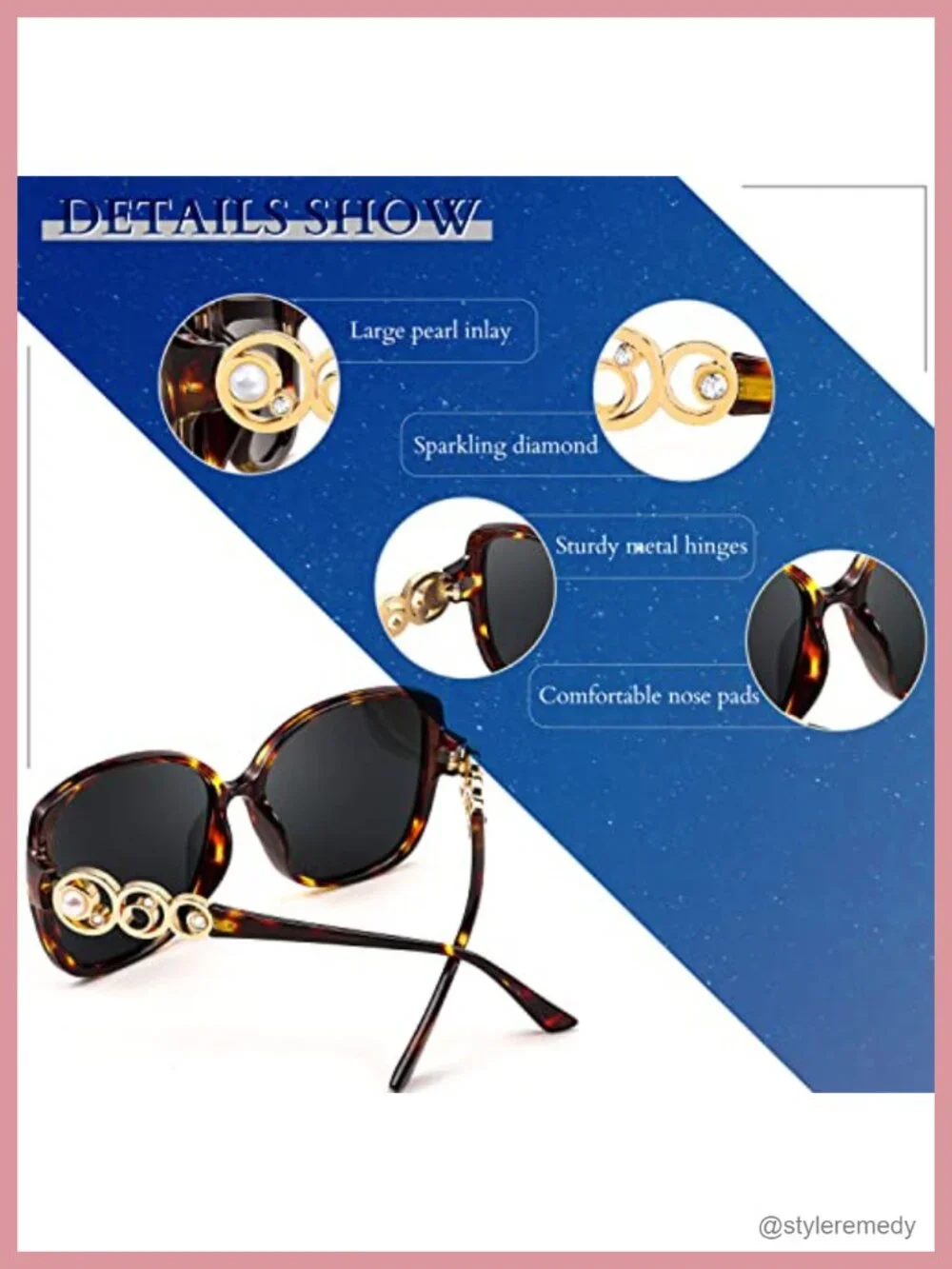 Oversized Square Sunglasses Polarized UV400 Protection for Women Pearl Crystal
